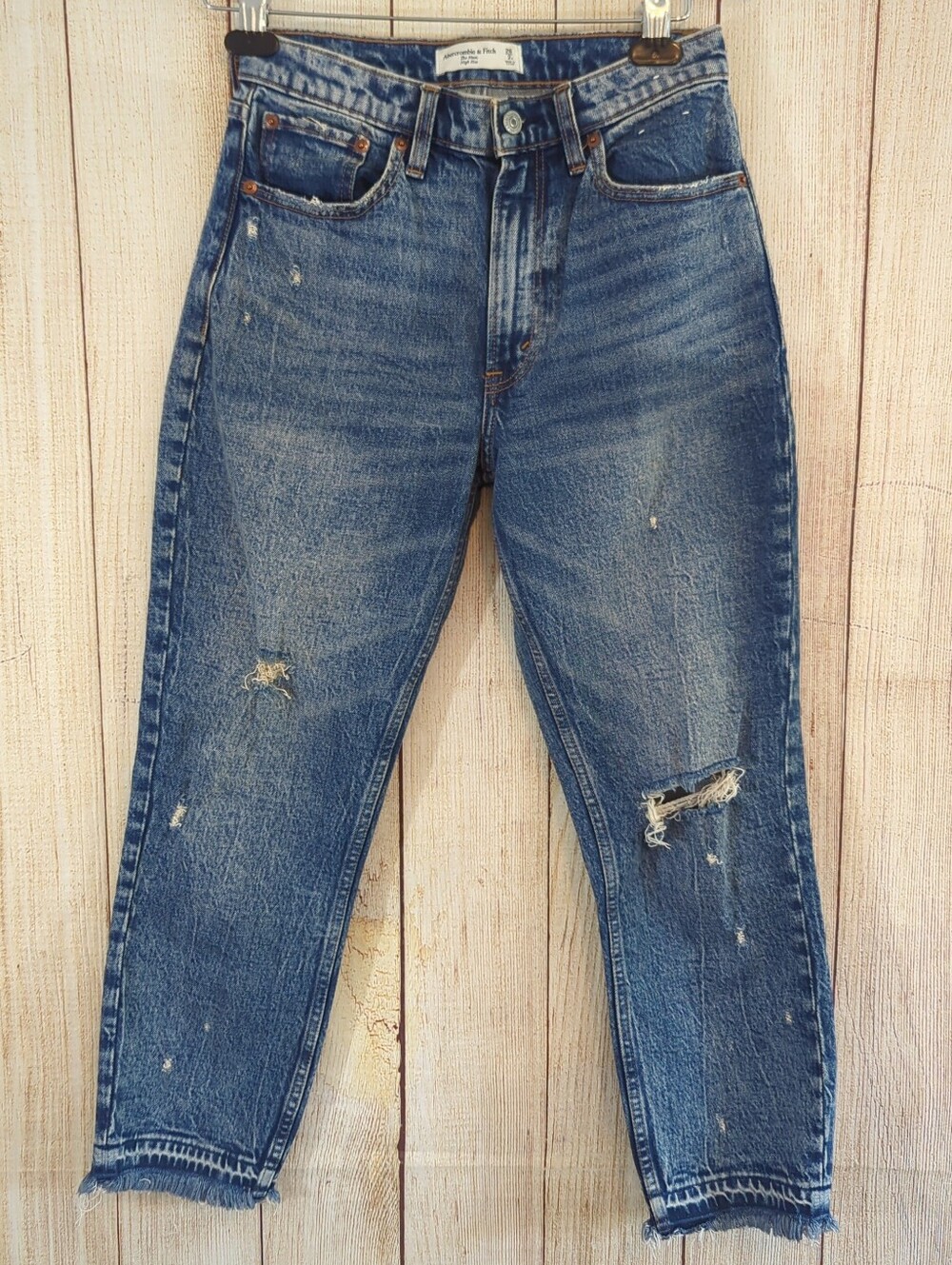 Abercrombie & Fitch  The Mom High Rise Raw Hem Distressed Ankle Jeans